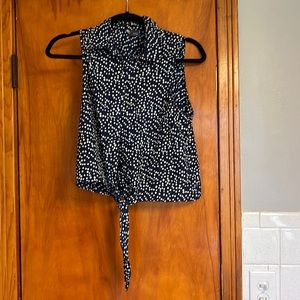 Navy polk a dot cropped shirt with tie, button down, size S